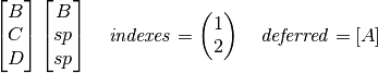 \ThreeGlyph{B}{C}{D} \ThreeGlyph{B}{sp}{sp} \quad
\mathit{indexes} = \begin{pmatrix} 1 \\ 2 \end{pmatrix} \quad
\mathit{deferred} = [ A ]