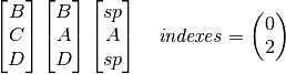 \ThreeGlyph{B}{C}{D} \ThreeGlyph{B}{A}{D} \ThreeGlyph{sp}{A}{sp} \quad
\mathit{indexes} = \begin{pmatrix} 0 \\ 2 \end{pmatrix}