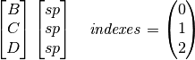 \ThreeGlyph{B}{C}{D} \ThreeGlyph{sp}{sp}{sp} \quad
\mathit{indexes} = \begin{pmatrix} 0 \\ 1 \\ 2 \end{pmatrix}